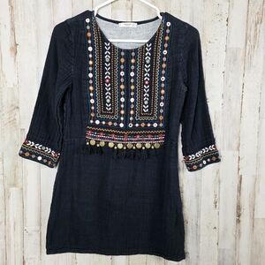 Mango Boho Embroidered Bead Folk Dress Black Geometric Size 2